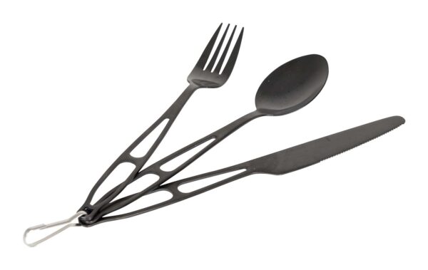Zwarte outdoor bestek 3 in 1 lepel, vork en mes in etui. van het merk bo-camp