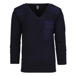 Blauwe trui met v-hals 50% wol voor security